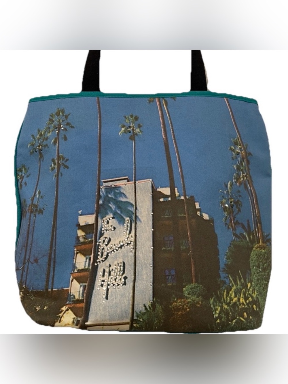 VINTAGE Y2k BEVERLY HILLS HOTEL Print RHINESTONE Embellished SHOULDER BAG Purse